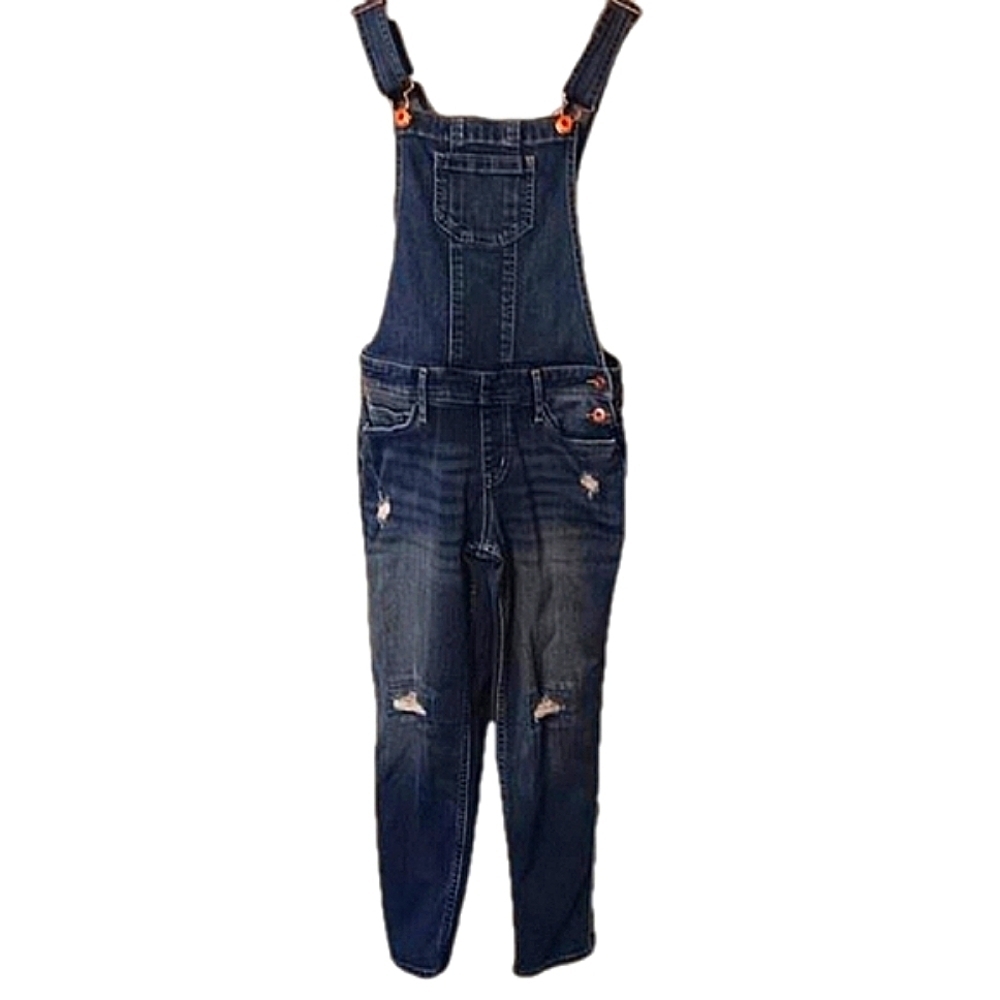 Abercrombie Kids Stretch Denim Distressed Overalls Med/Dark Wash Inclusive 11/12